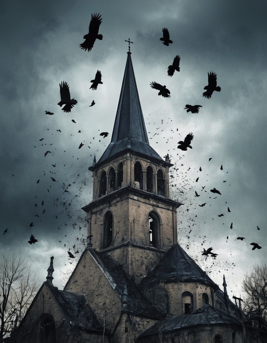 birds, crows, flock, church tower, gothic, underground, dark