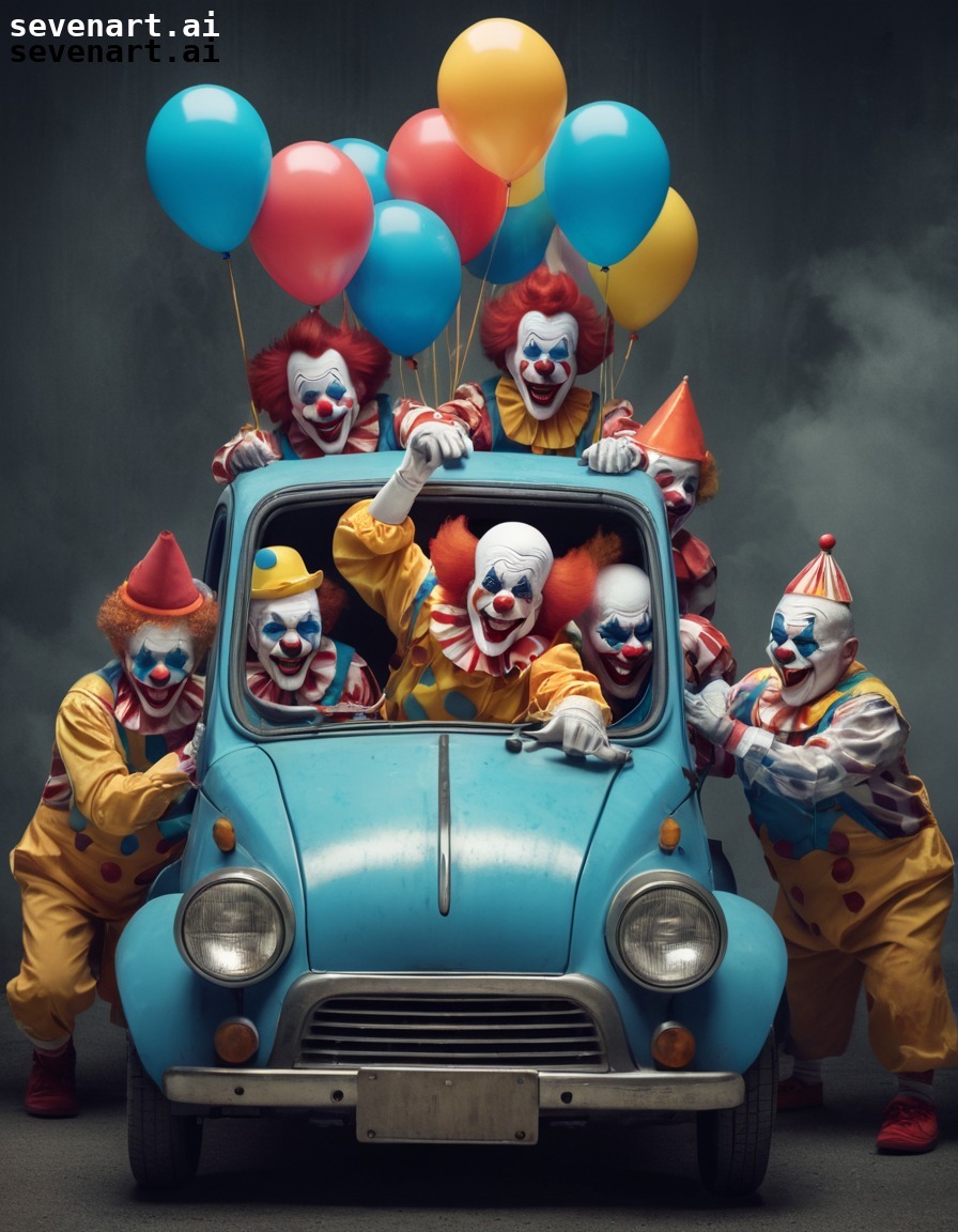 clowns, car, humor, performance, crowded, fun, people