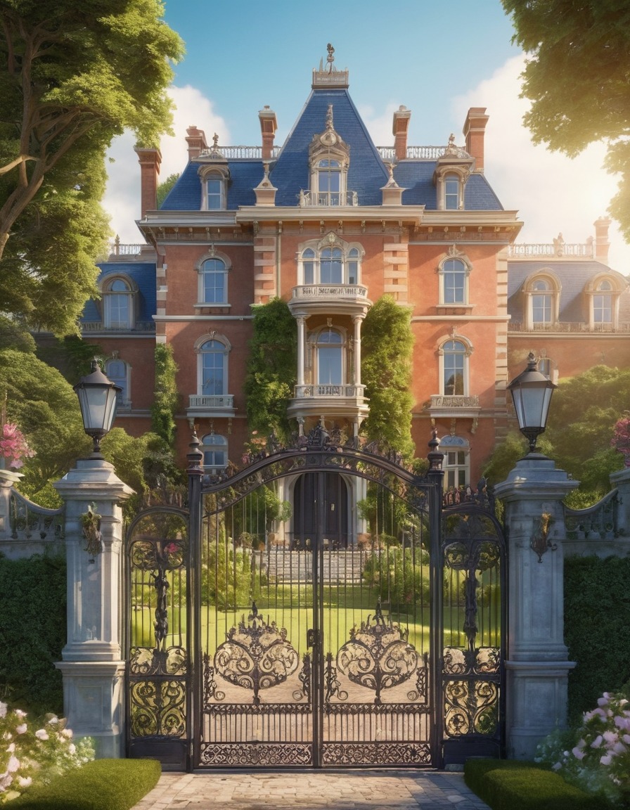 victorian mansion, gardens, wrought iron gate, architecture, luxury accommodations