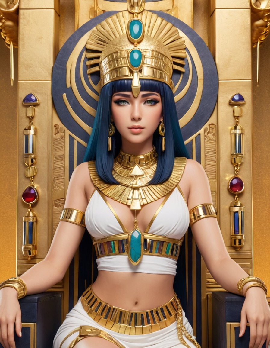 cleopatra, throne, gold jewelry, egyptian attire, royalty, ancient egypt, anime