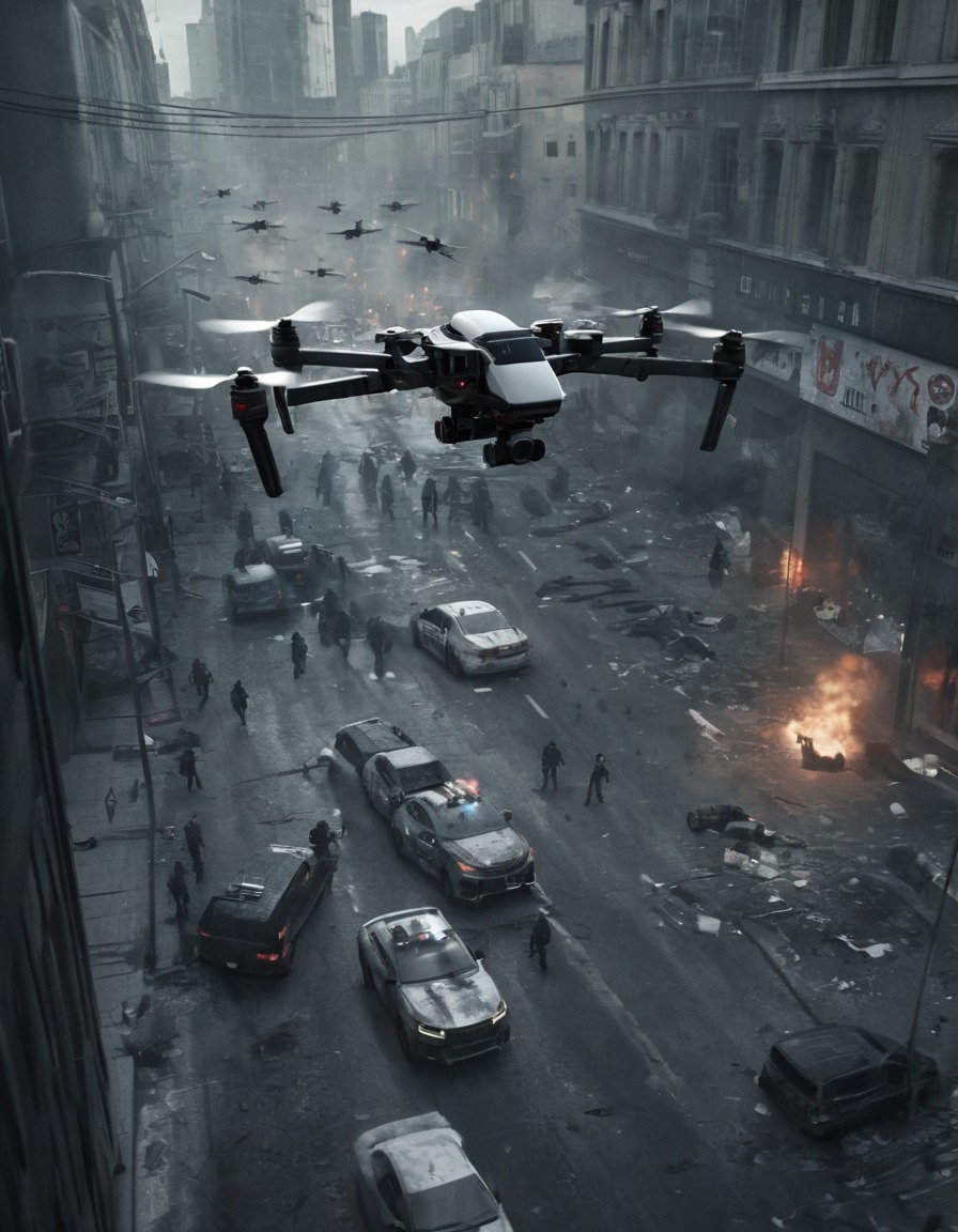 drone surveillance, clashes, rival factions, cityscape, war, usa