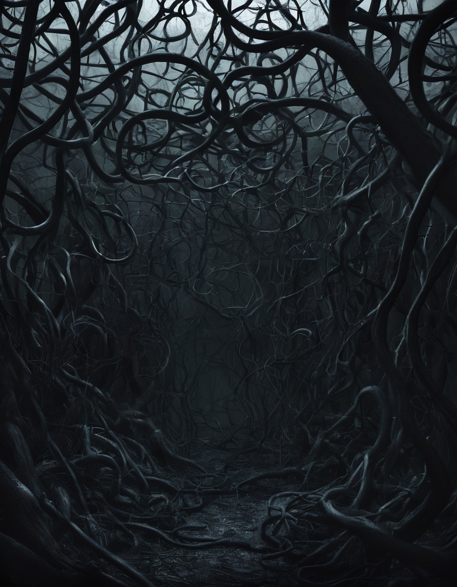 forest, shadowy, vines, ominous shapes, gothic, underground, dark