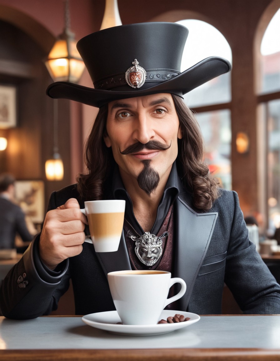 humor, caricature, vlad the impaler, historical figure, coffee, café, modern fashion, funny