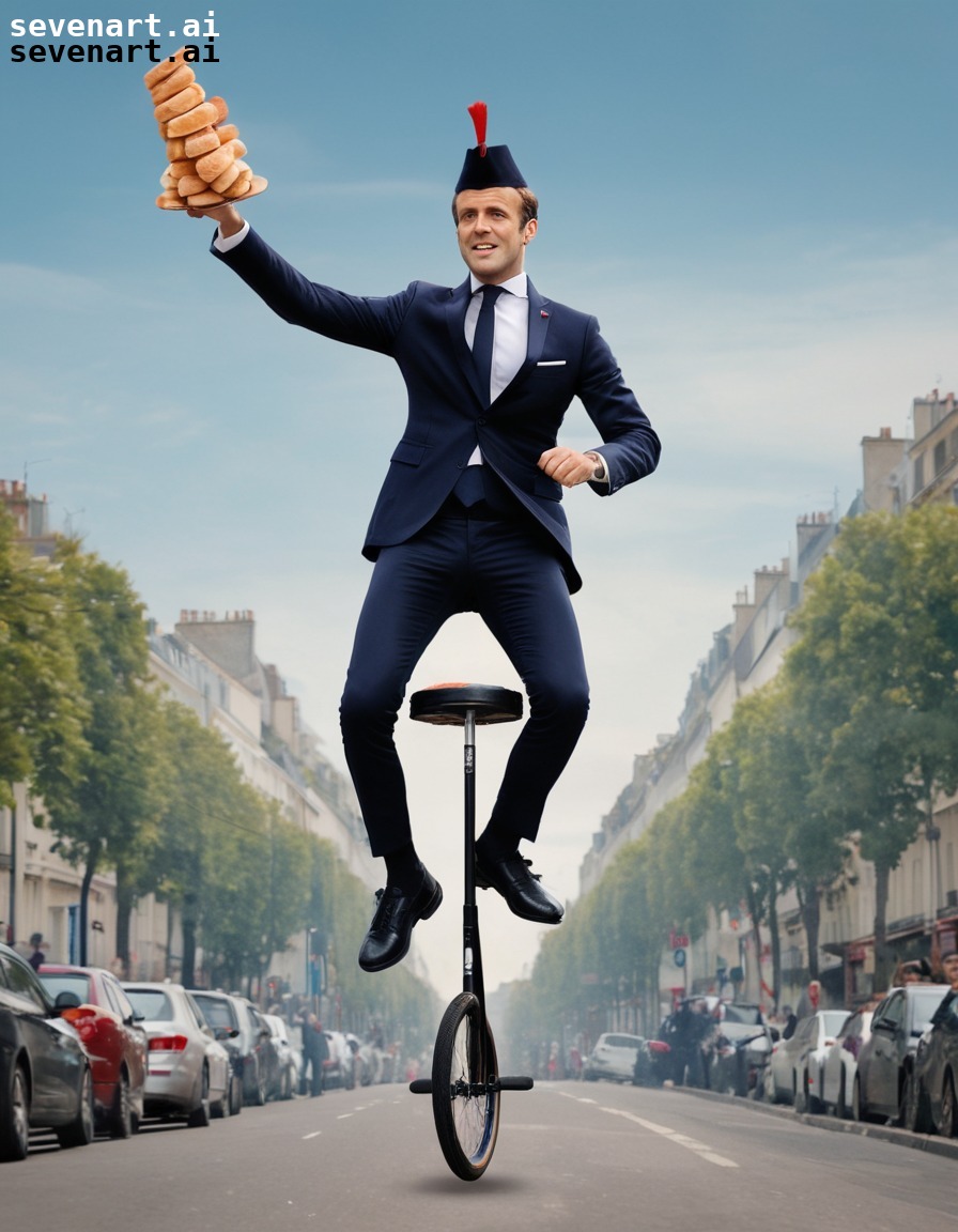 french culture, president of france, unicycle, juggling, humor, emmanuel macron, france