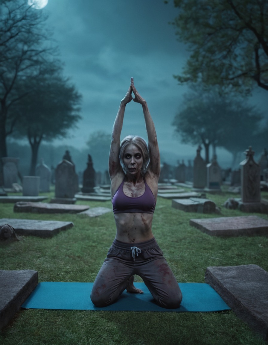 zombie, yoga, graveyard, undead, meditation, mindfulness, incongruity