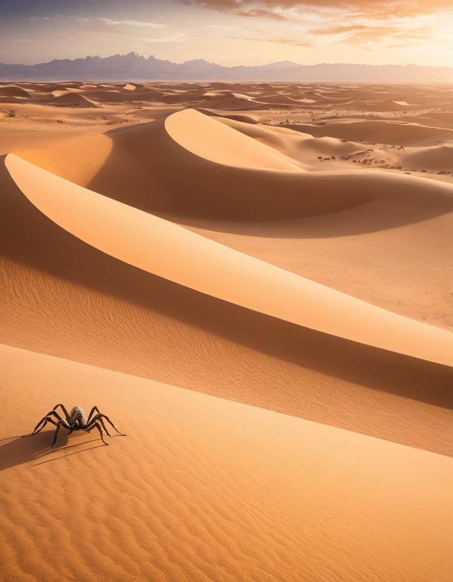 desert landscape, sand dunes, giant scorpions, nomads, mystical beings, arid terrain, fantastic