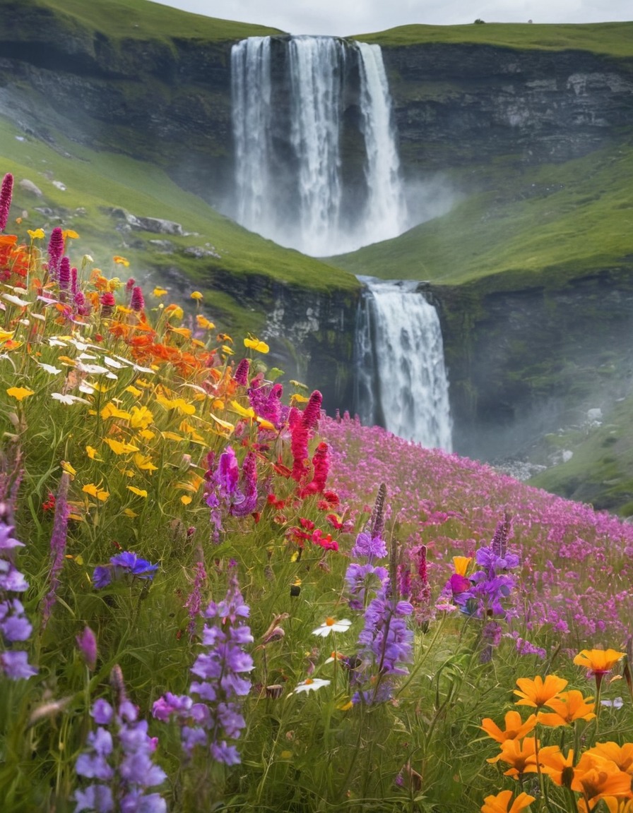 nature, wildflowers, waterfall, landscape, serenity