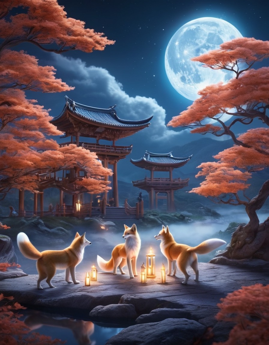 landscape, kitsune spirits, moonlight, ethereal, dance