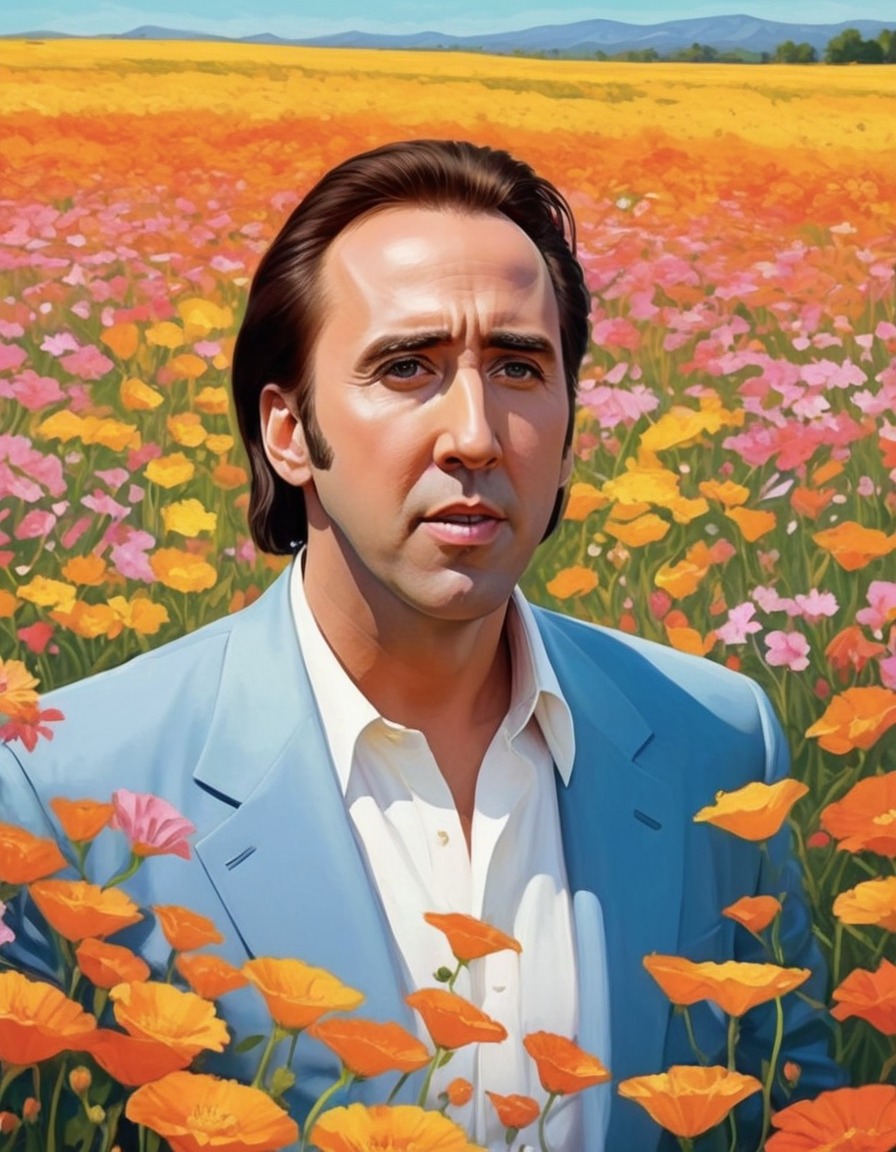 nicolas cage, field, flowers, impressionism