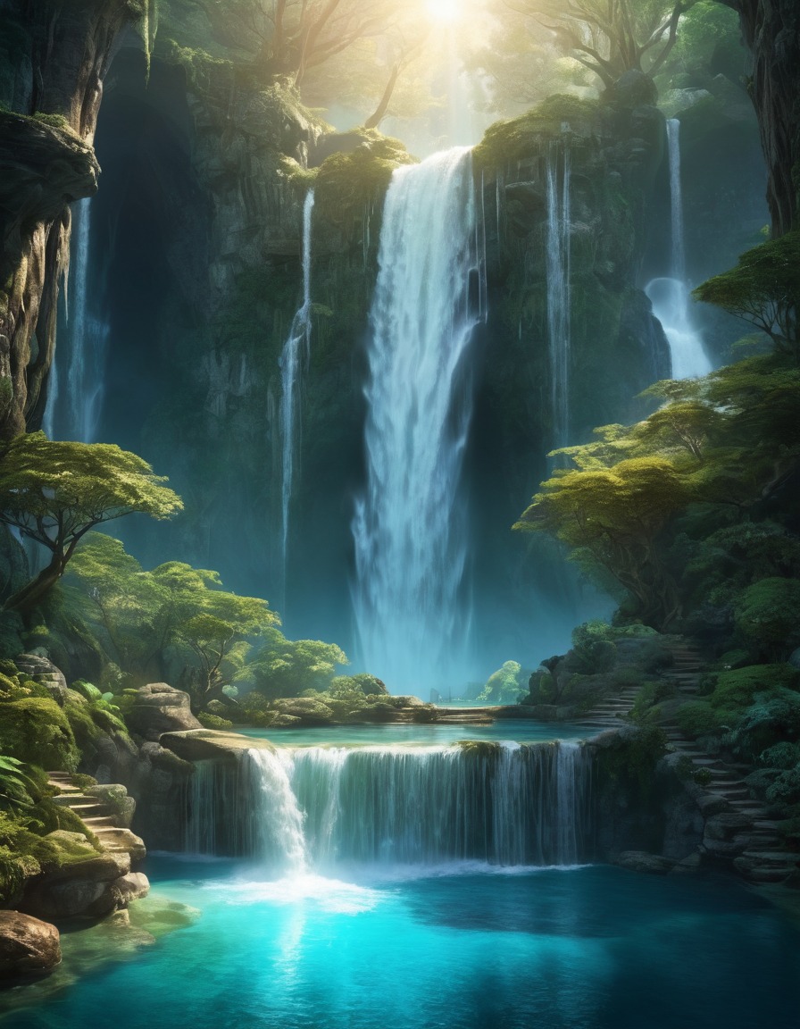 waterfall, enchanted water, glowing pool, fantasy scene, nature, magical, scenic beauty