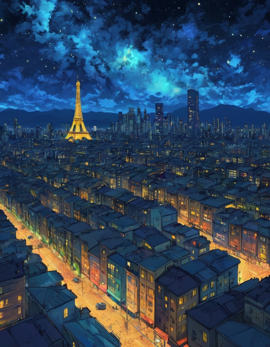 cityscape, van gogh, modern, skyline, inspiration, night, art, anime