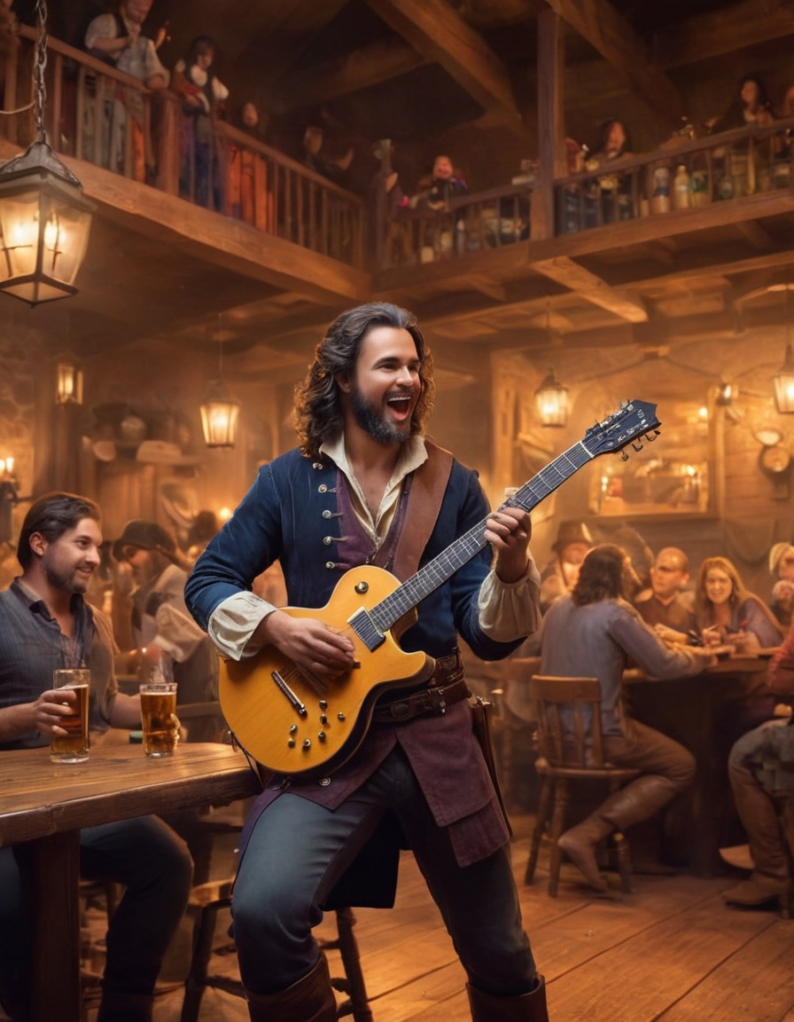 music, bard, electric guitar, tavern, performance, medieval, art