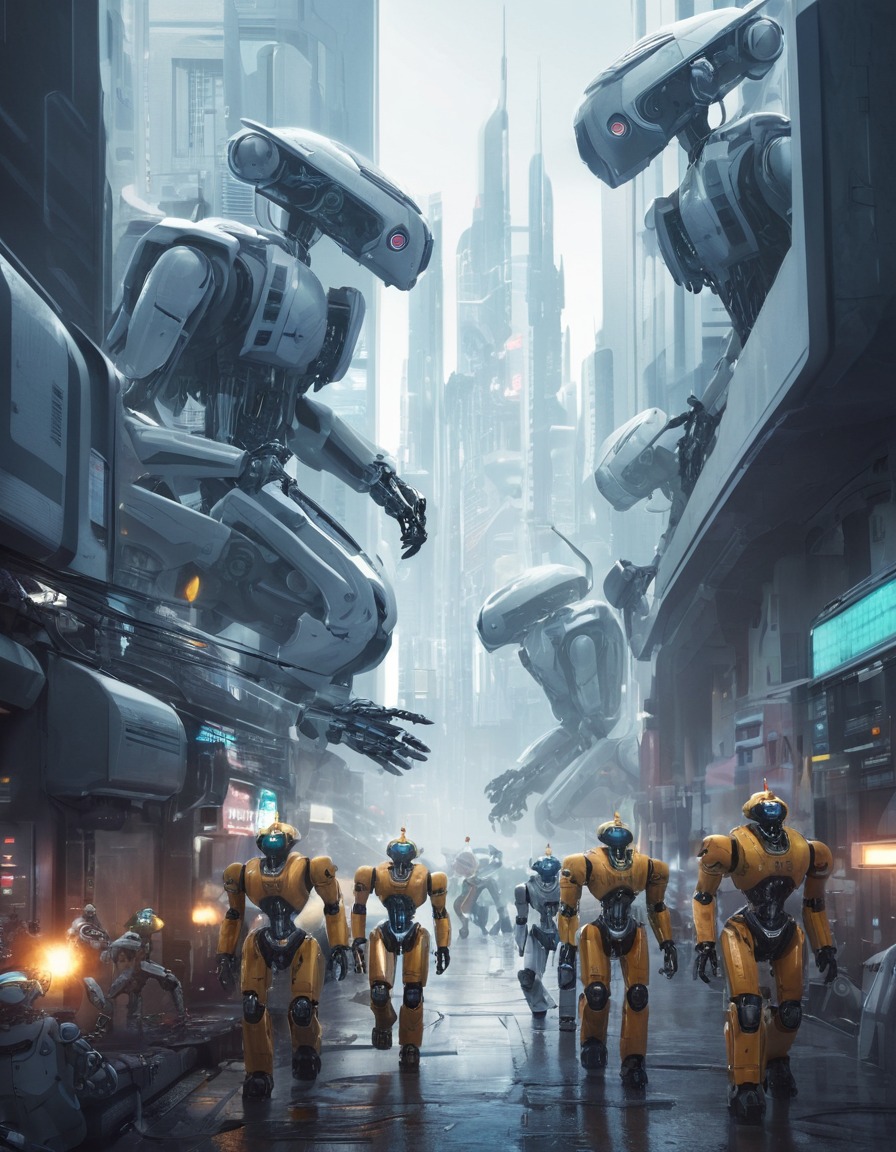 robots, teamwork, futuristic, cityscape, technology