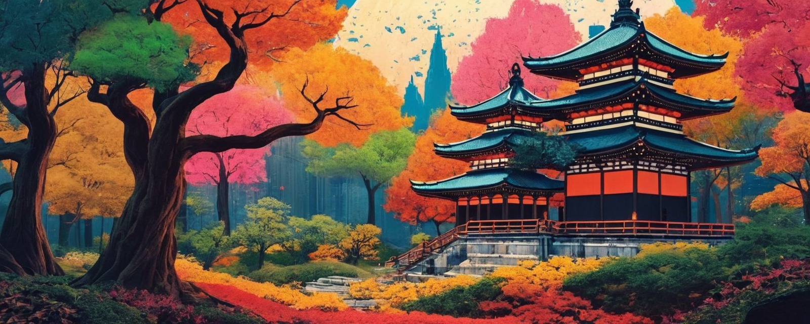 digitalart, wallpaper, architecture, forest, colorful, conceptart, fantasy, fantasyart, landscape, oriental, surreal, temple, worldbuilding, aigenerated, imgnai