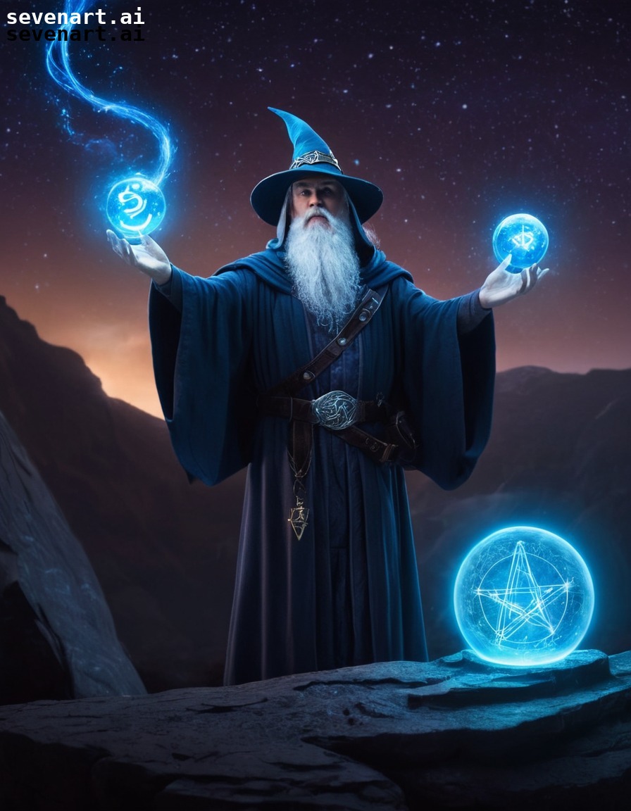 wizard, magic, spells, starry sky, orbs, fantasy