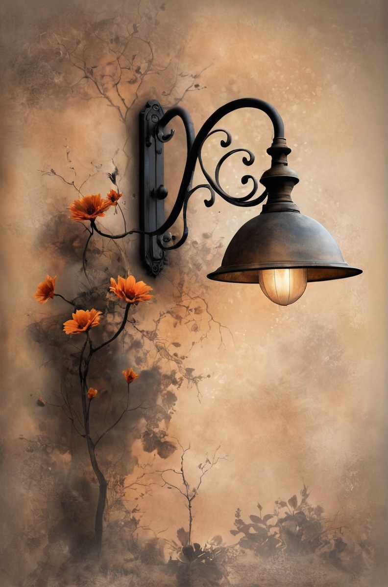 dreamup, vintage, brown, iron, light, lightfixture, mutedcolors, blackiron, ai_art