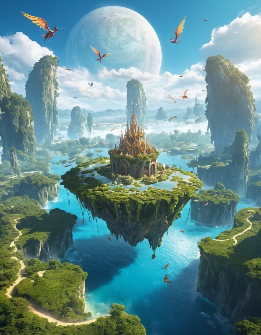 fantasy, floating islands, winged beings, magical creatures, ethereal, surreal, fantastic