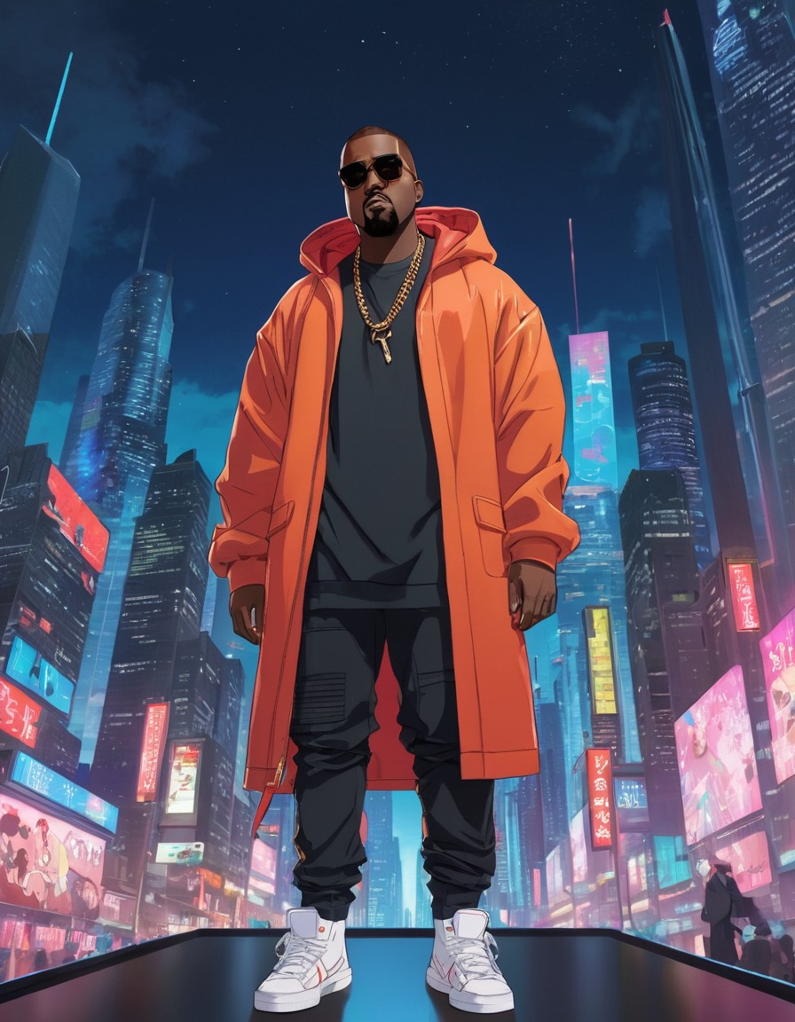 kanye west, anime protagonist, futuristic cityscape, avant-garde fashion, anime