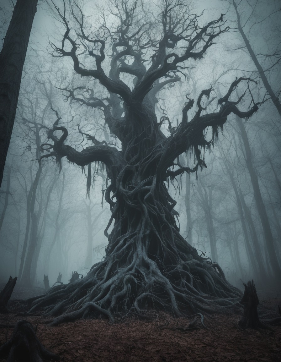 eerie, forest, fog, twisted trees, shadows, mysterious creatures, gothic, underground, dark