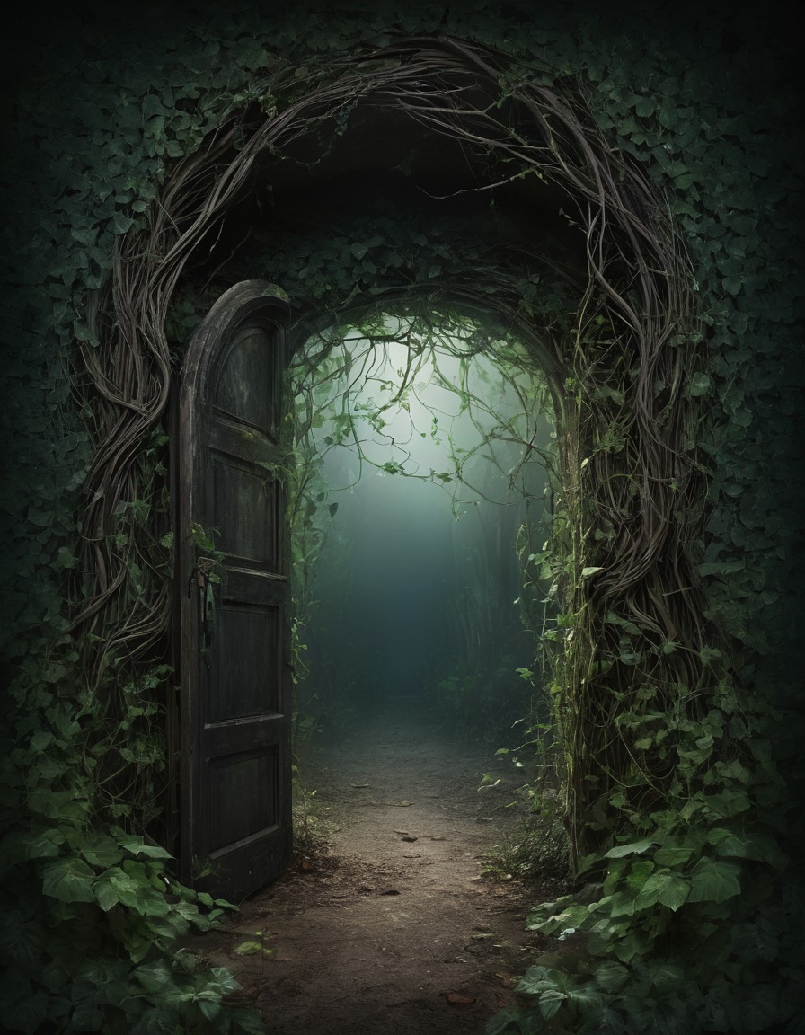 mystical, garden, doorway, vines