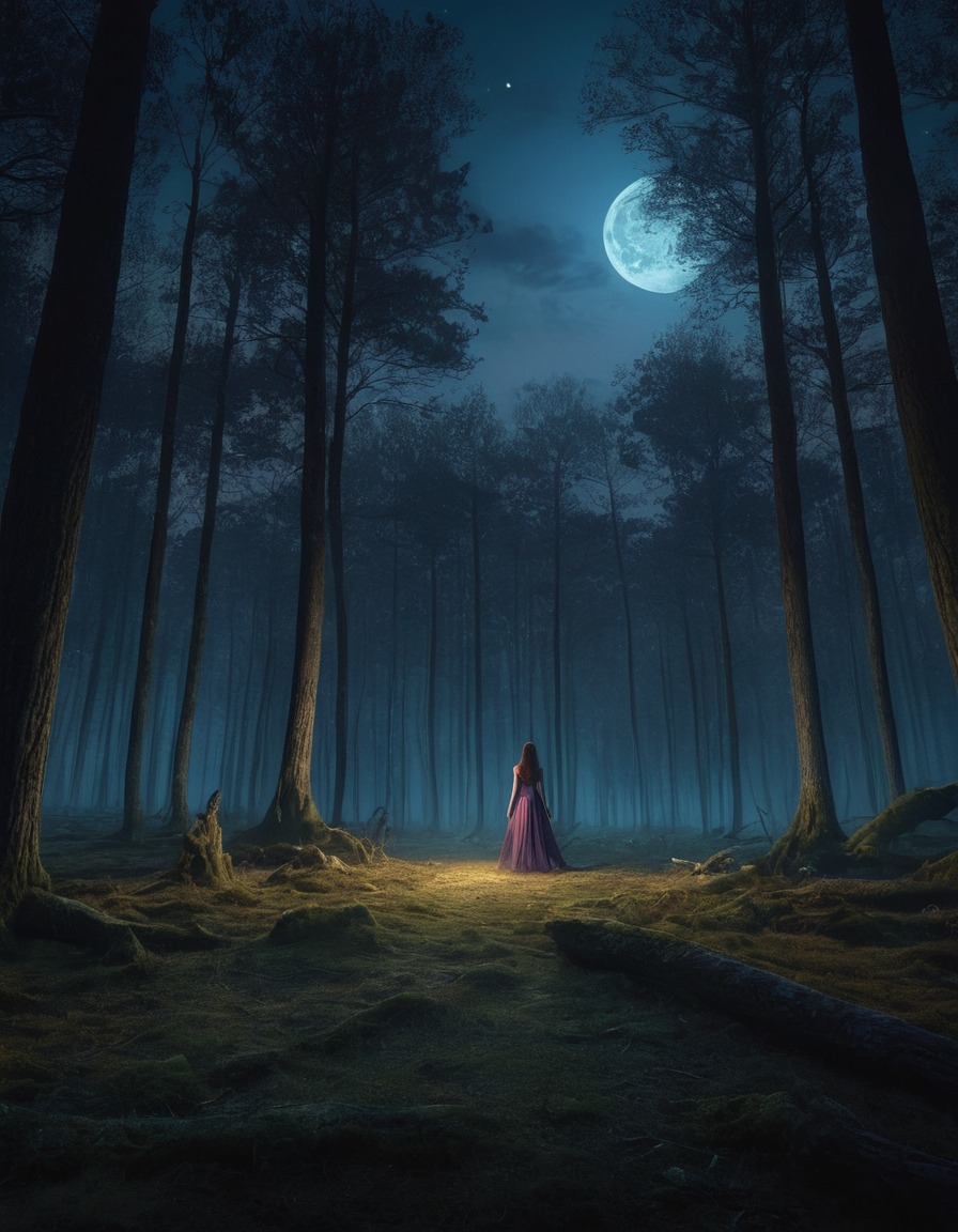 twilight, book, moonlit forest, lone figure, mysterious atmosphere, books