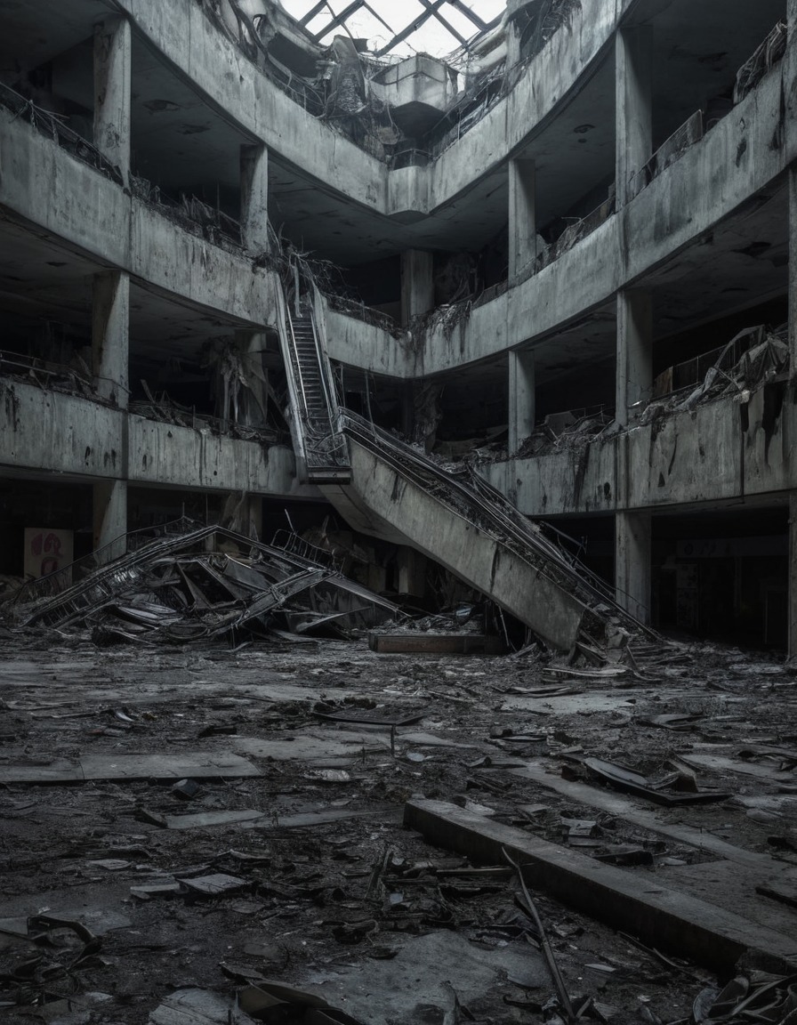 shopping mall, abandoned building, urban decay, city, retail, eerie atmosphere, forgotten spaces