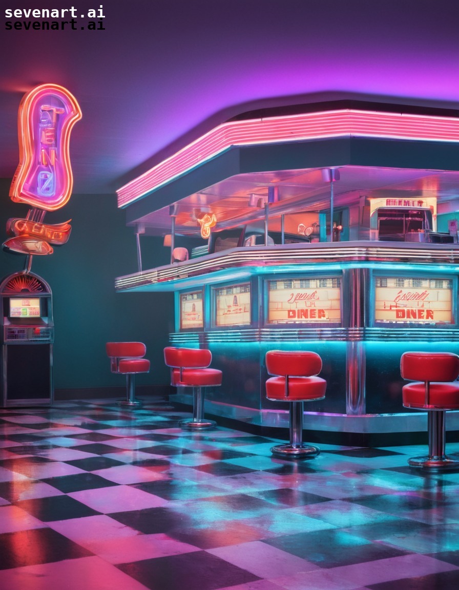 american diner, neon lights, checkered floors, jukebox, retro setting, usa