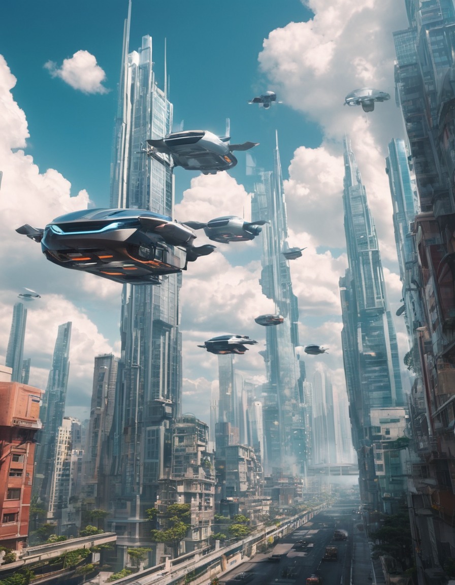 futuristic, cityscape, flying cars, skyscrapers, advanced technology, modern city, city