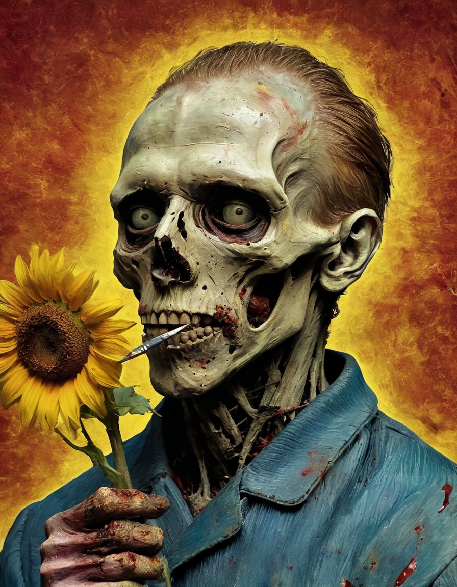 vincent van gogh, self-portrait, zombified, sunflower, art, surrealism, zombie