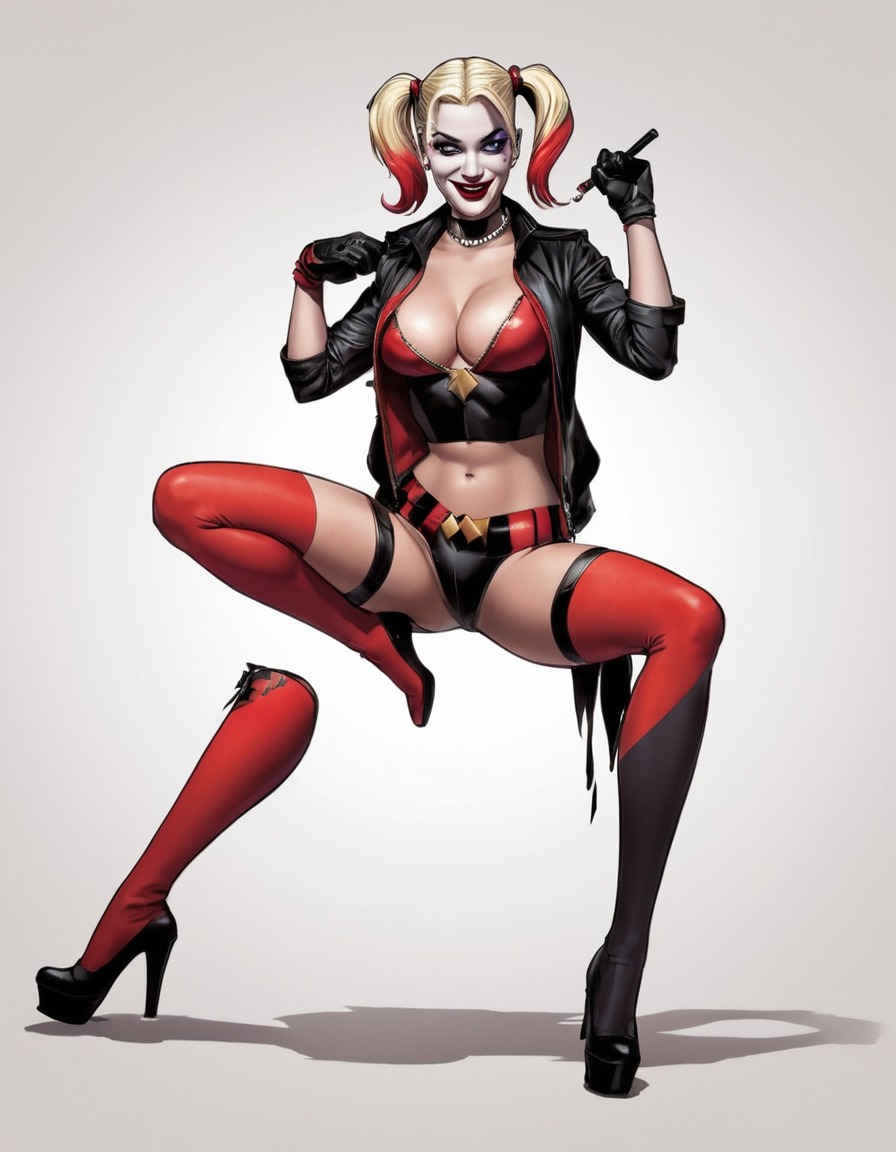 harley quinn, cosplay, provocative, dc comics, female character, powerful pose, sexy, superhero, painted