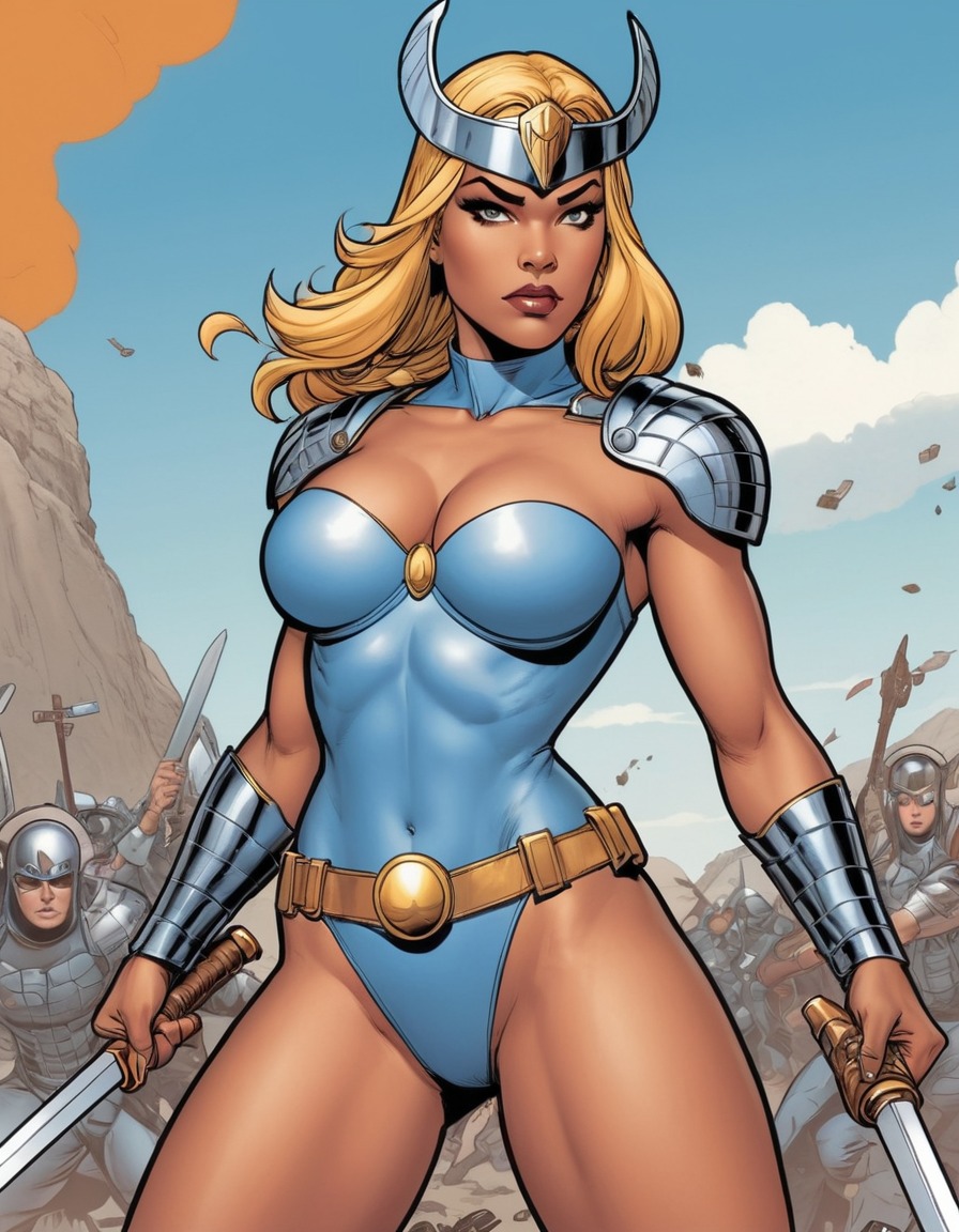 valkyrie, marvel comics, superhero, warrior, fierce pose, battlefield, sexy, painted