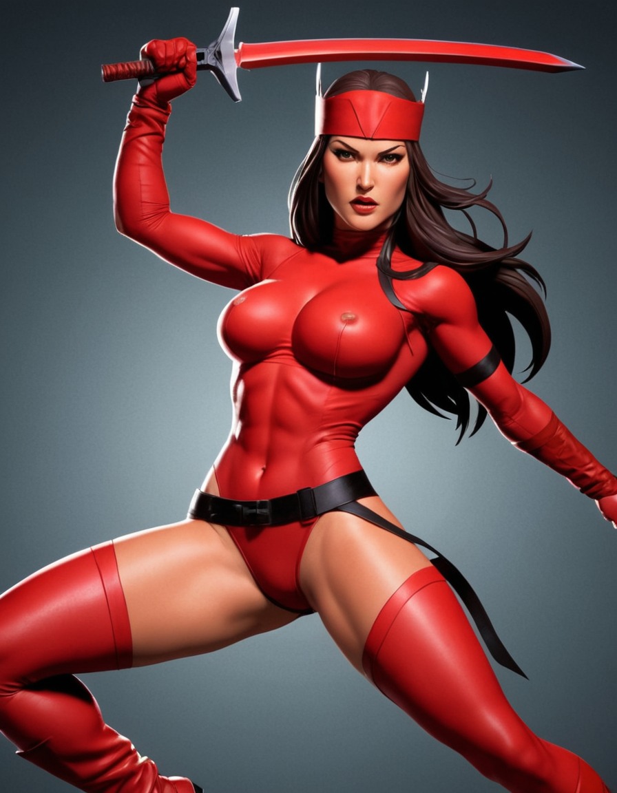 elektra, marvel comics, superhero, fighting, dynamic pose, sexy, painted