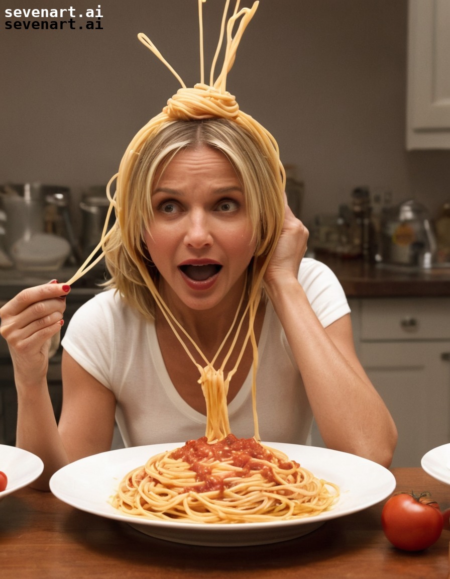 cameron diaz, spaghetti, humor, movie scene, accident, actress, movies, movie stars