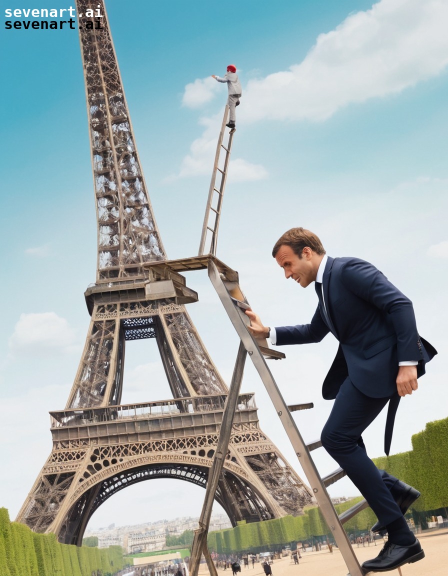 emmanuel macron, eiffel tower, climbing, ladder, humor, france