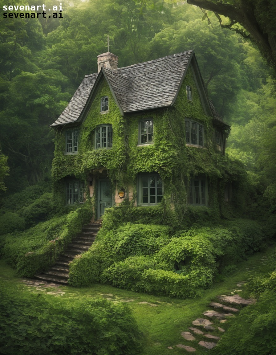 enchanted, whimsical, ivy-covered, fairytale, forest, house, home