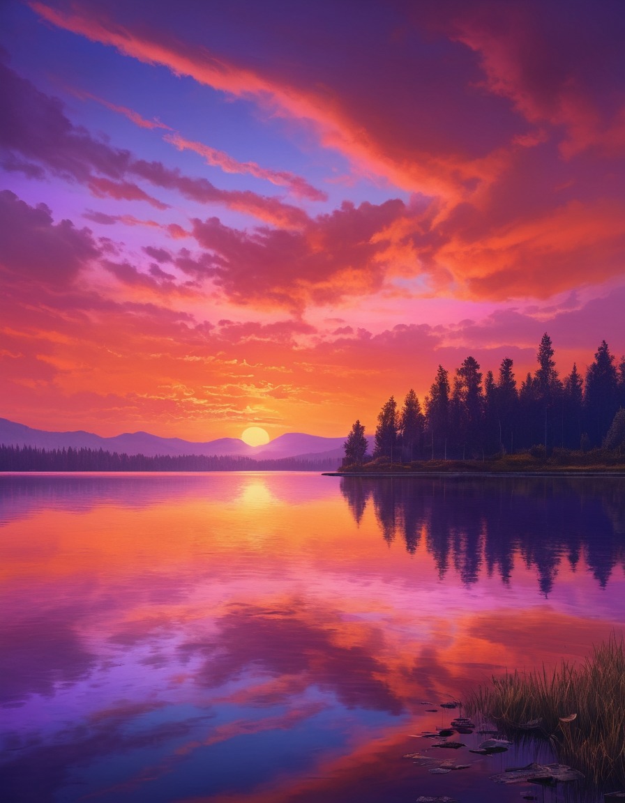 sunset, painting, sky, hues, orange, pink, purple, lake, nature