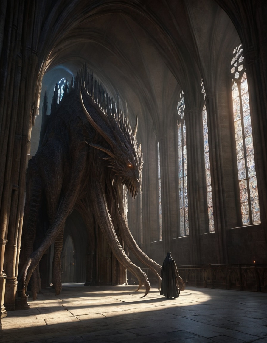 gothic cathedral, creature, otherworldly, shadows, lovecraft, howard lovecraft