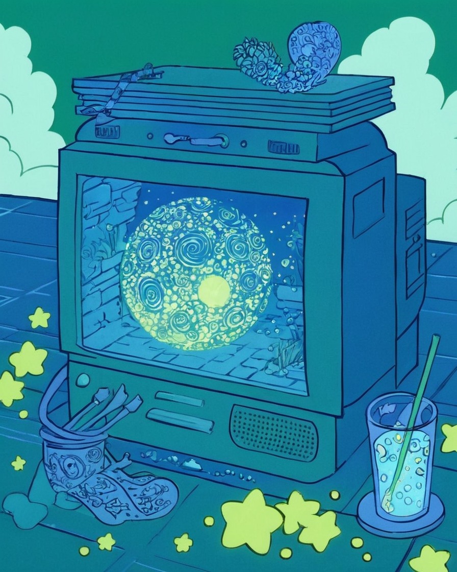 illustration, digital art, video games, katamari damacy, stars, playstation 2, crt tv, ps2 nostalgia, blue, teal, green, glowing effect, i left the lineart sitting my tablet for ages now it's finally done!!, one of my favorite games of that era, the fanart tag