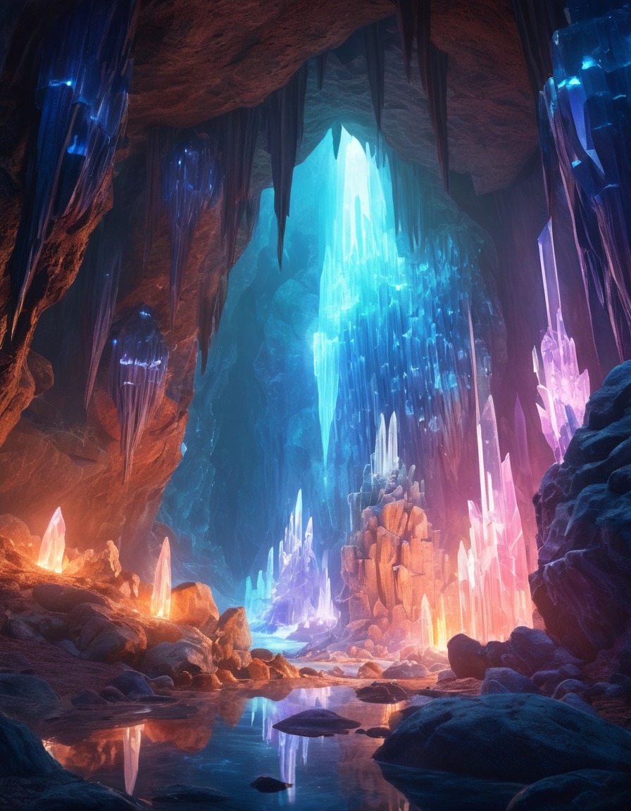 crystal cave, glowing crystals, mysterious energy, fantasy scene