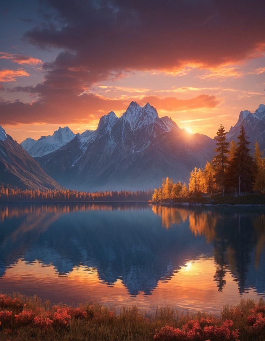 sunset, lake, mountains, serene landscape