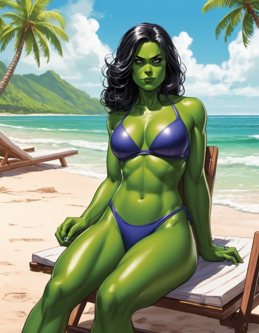 she-hulk, marvel comics, superhero, beach, bikini, superheroine