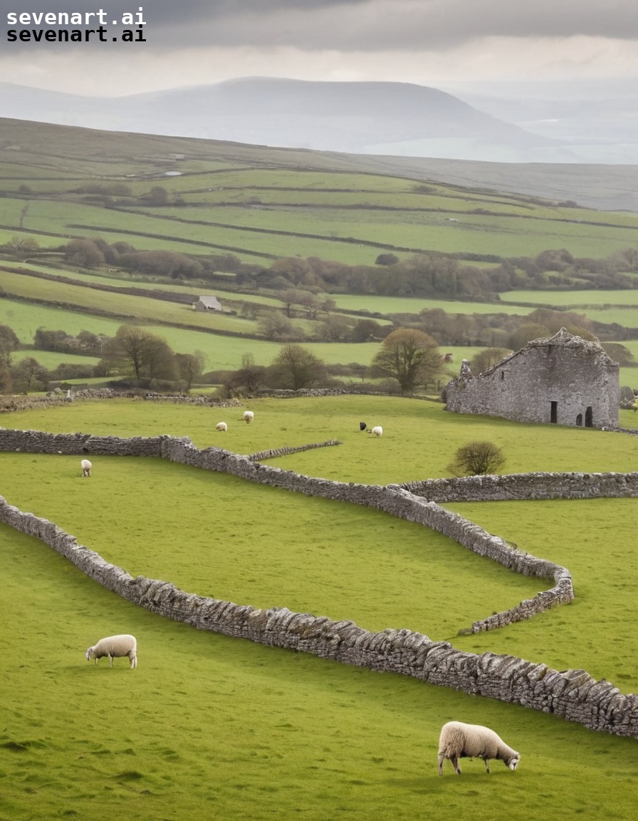 ireland, countryside, sheep, stone walls, landscape, europe