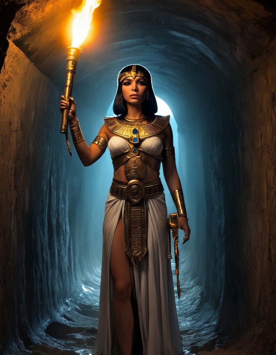 cleopatra, glowing torch, underground tunnel, historical, ancient egypt