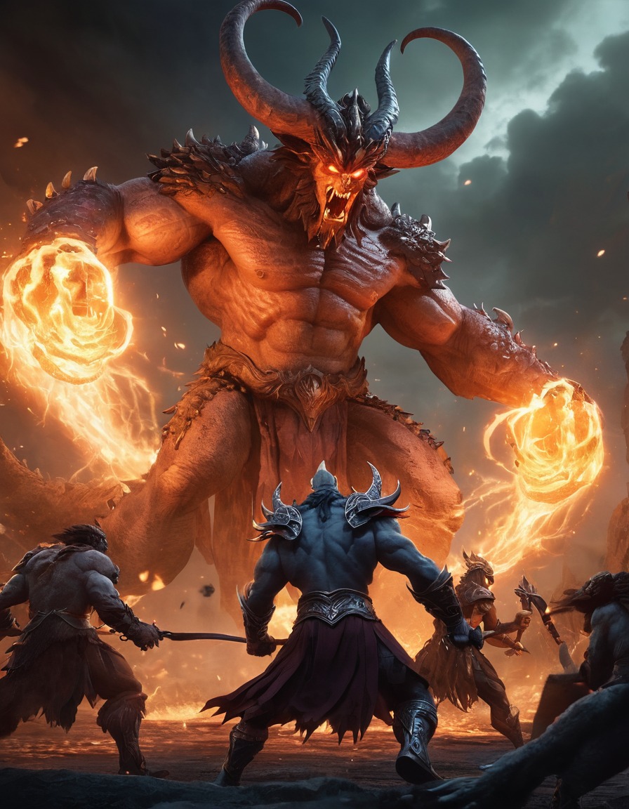 hades, epic battle, underworld, greek mythology, monsters, fight scene, mythological creatures