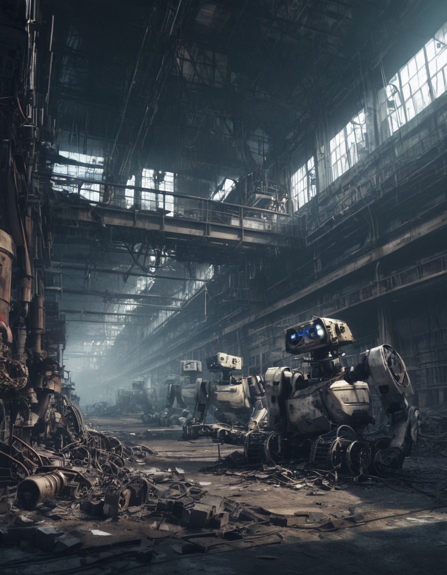 abandoned, factory, robots, malfunctioning, industrial