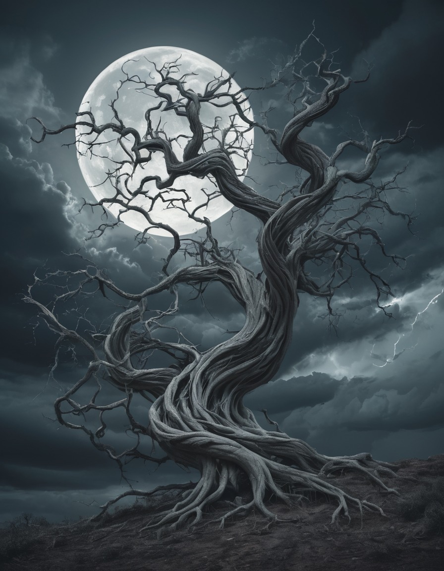 nature, tree, moon, sky, storm, weather, landscape, gothic, underground, dark