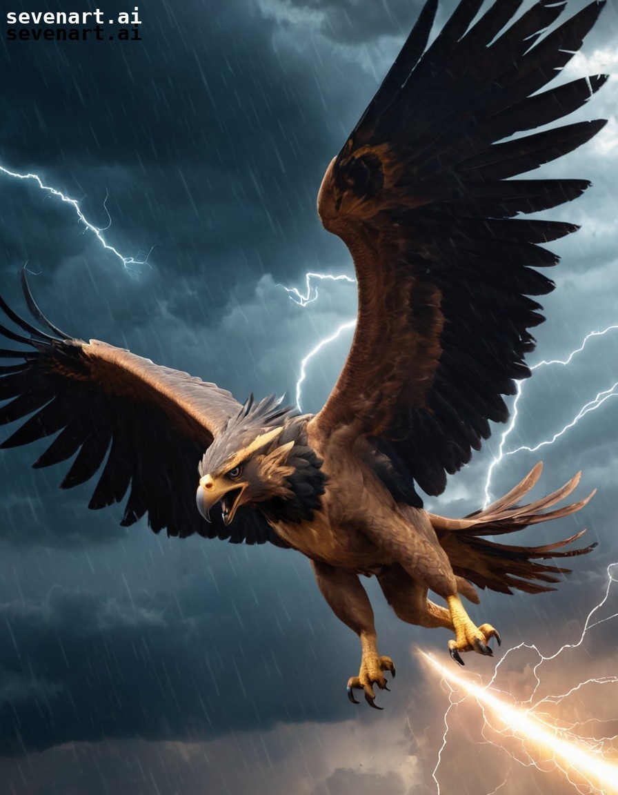 fantasy, gryphon, aerial battle, thunderstorm, majestic