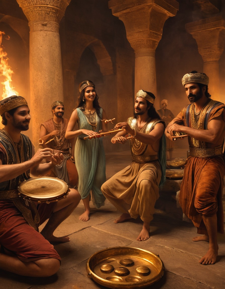 ancient musicians, tambourines, flutes, feast, ancient persia, 400 bc