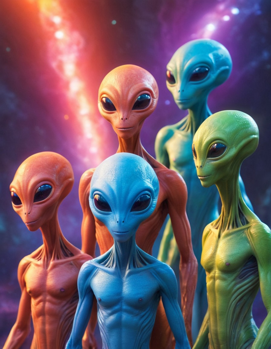 friendly, multi-limbed aliens, communication, colorful lights, extraterrestrial, friendship, aliens