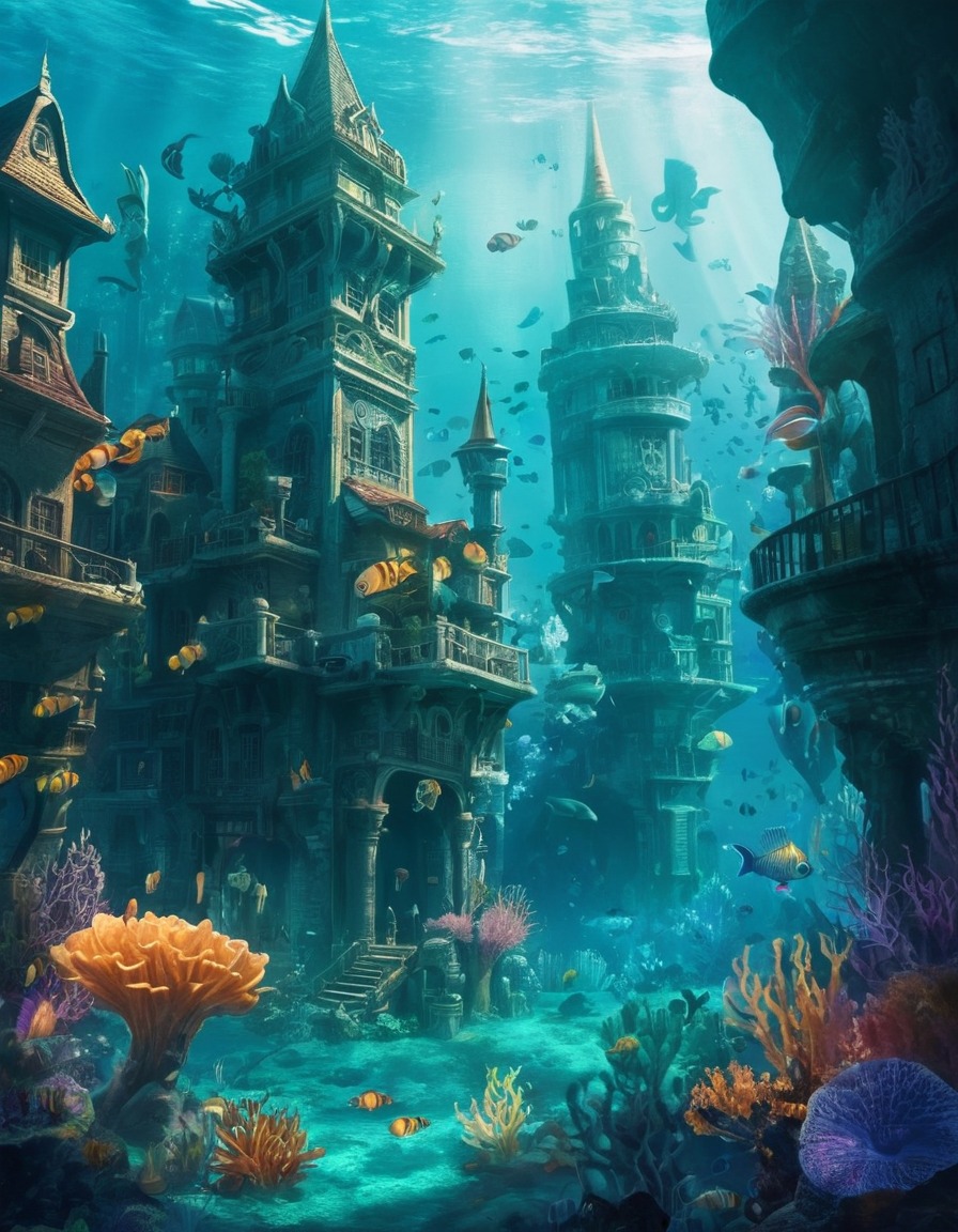 fantasy, underwater, city, merfolk, mystical., fantastic